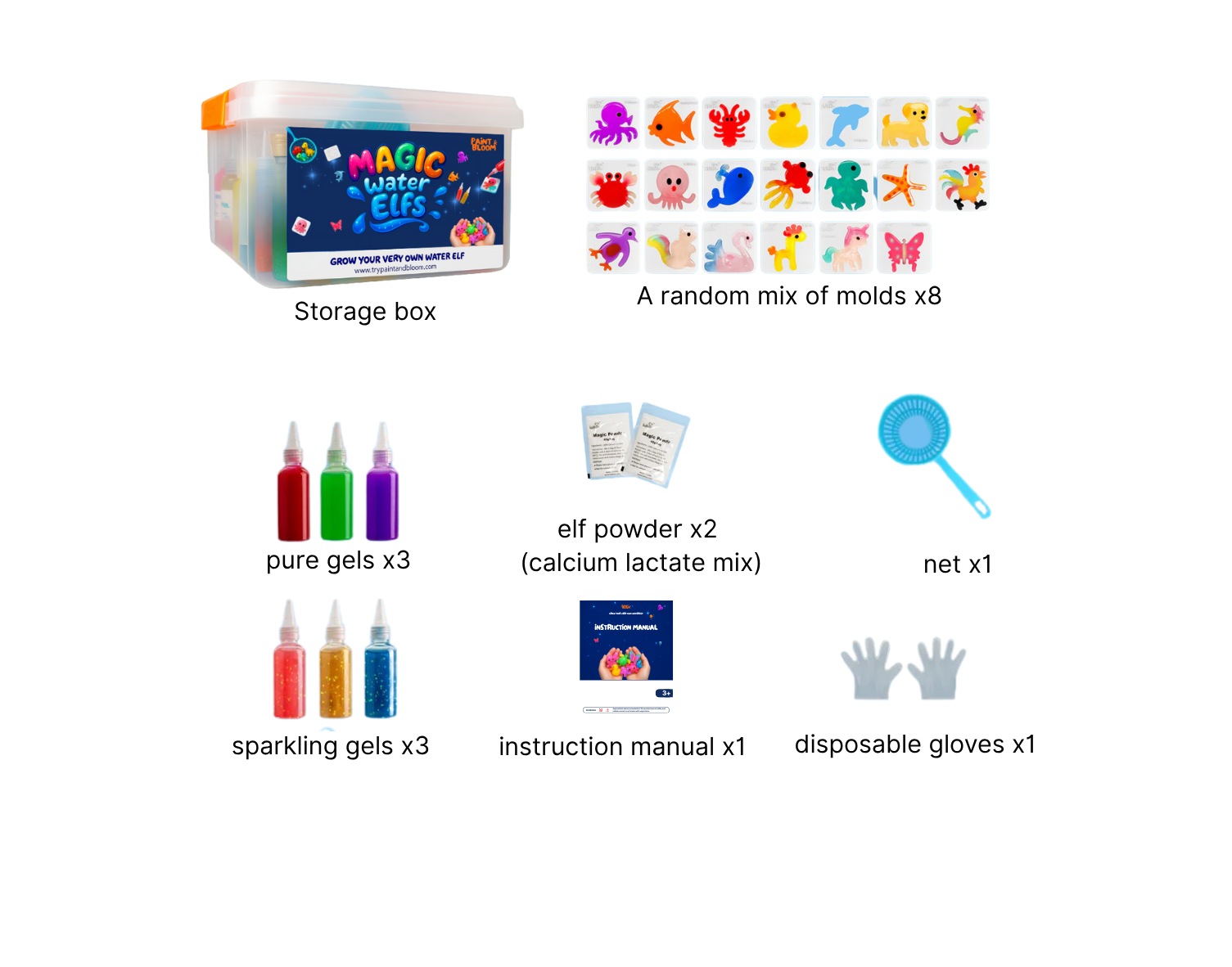 Magic Lister Elfs product set with storage box, molds, gels, powder, net, manual, and gloves on a white background.