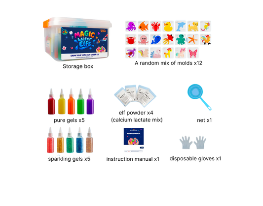 Magic Lister Elfs product set with storage box, molds, gels, powder, net, manual, and gloves on a white background.